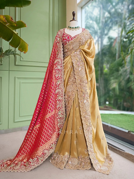 Celestial Golden Satin Silk Saree With Red Embroidered Dupatta