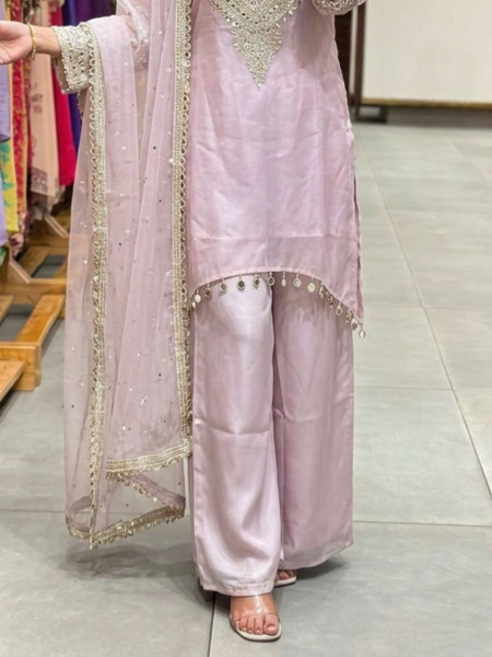 Nazm Pink Kurti Palazzo Suit Set With Mirror Embroidery