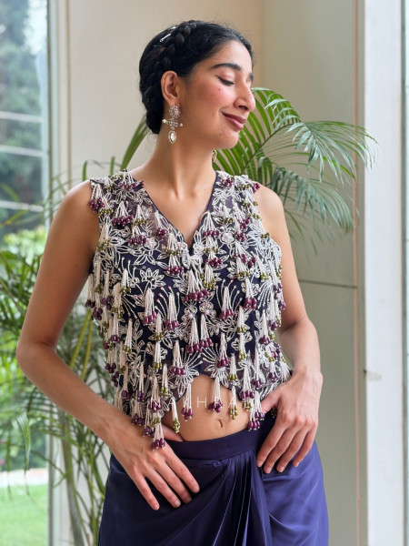 Fringe Fusion Blue Drape Skirt Crop Top Set