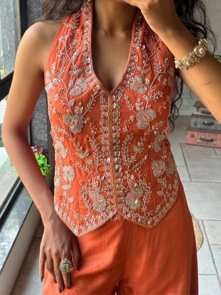 Kriyara Orange Indo-Western Palazzo Set with Embroidered Jacket