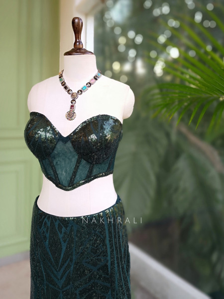 Emerald Gleam Green Sequin Indo Western Lehenga with Cape Blouse
