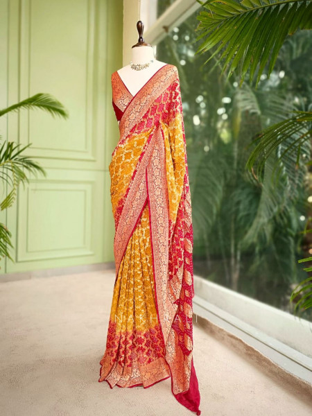 Gulaal Maroon Yellow Bandhani Silk Saree with Zari Border