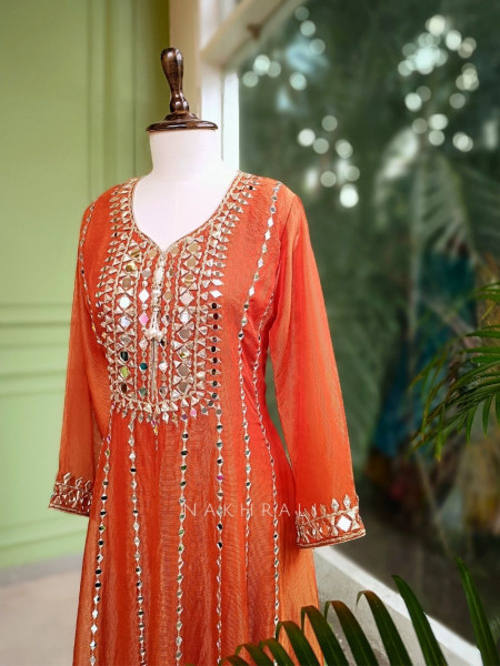 Aaranya Orange Mirror Embroidered Anarkali Set