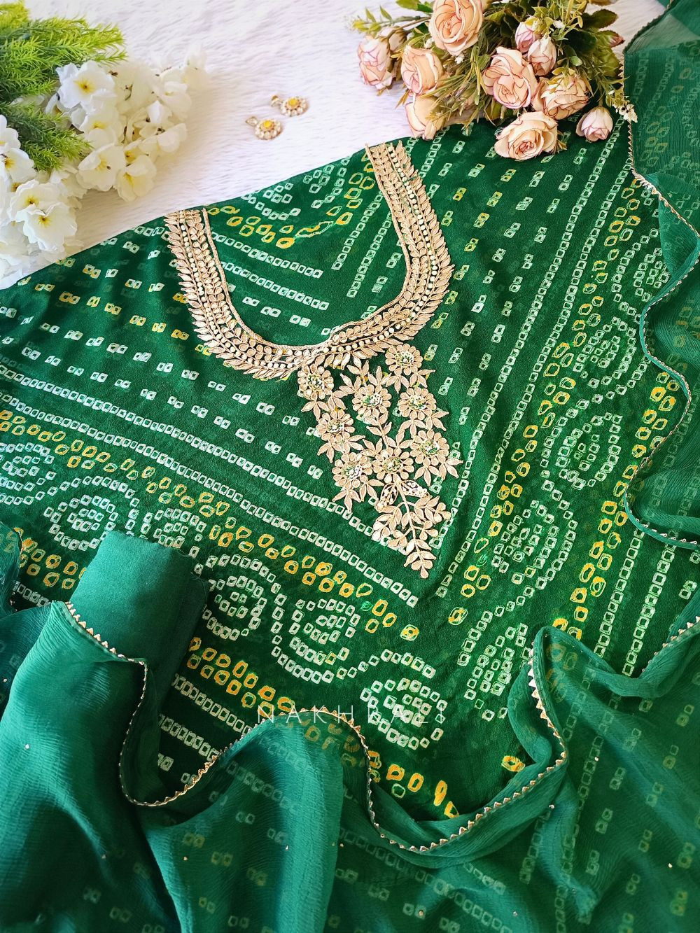 Dark Green Bandhani Print Chiffon Dress Material with Gota Patti Work Dark Green Bandhani Print Chiffon Dress Material with Gota Patti Work