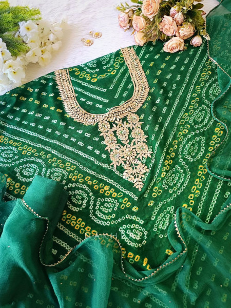 Dark Green Bandhani Print Chiffon Dress Material with Gota Patti Work Dark Green Bandhani Print Chiffon Dress Material with Gota Patti Work