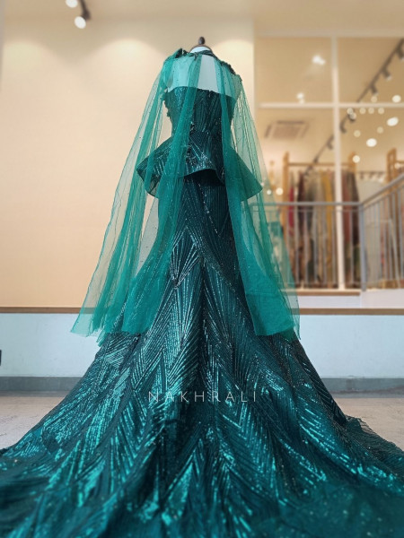 Mrinalini Green Net Indo Western Mermaid Lehenga Set with Geometric Sequin Work