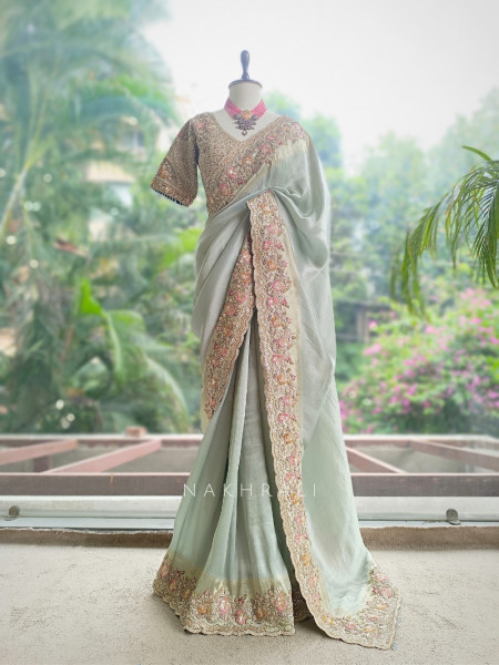 Osh Sky Blue Metallic Tissue Silk Saree with Readymade Blouse