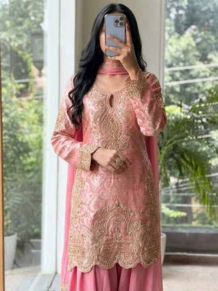 Aafree Pink Banarasi Silk Brocade Suit Set With Nakshi, Cutdana & Zari Work