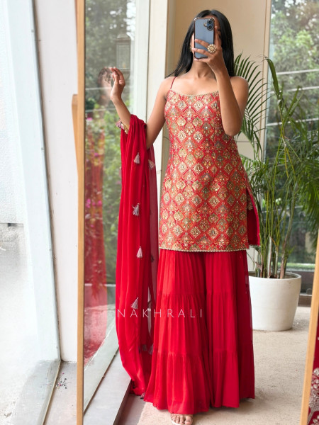 Heera Bottle Red Banarasi Brocade & Crushed Georgette Palazzo Suit Set