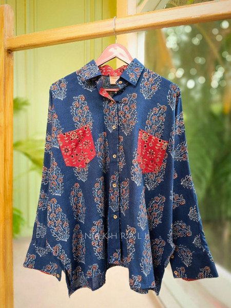 Banjara Navy Cotton Oversized Shirt with Delicate Leaf & Floral Block Print