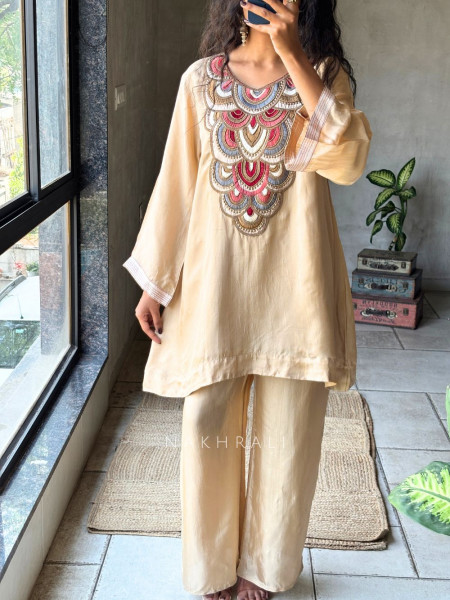 Zuri Beige Chanderi Silk Kurta Palazzo Set