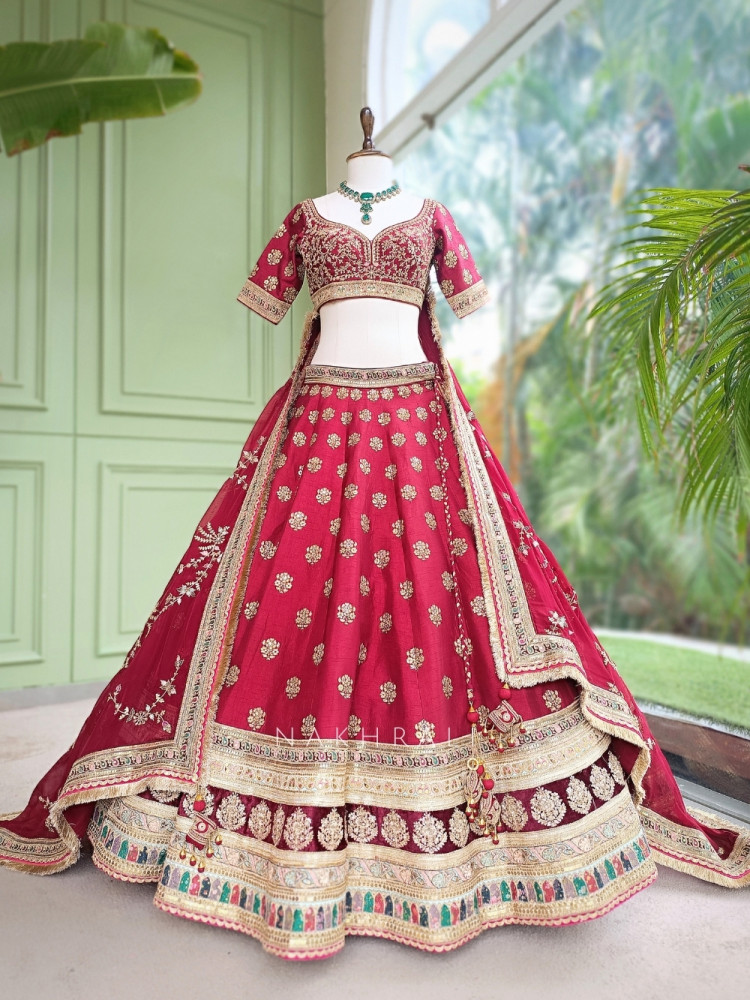 Image of Gulaal Durbar Maroon Raw Silk Lehenga Set  With Zardozi Floral &amp; Meenakari Border Work