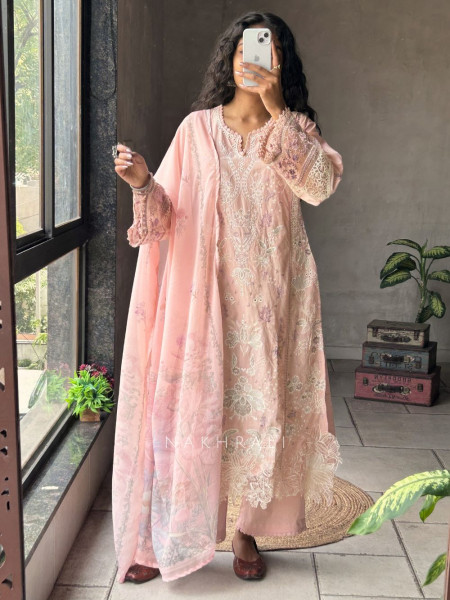 Lavanya Pink Suit Set with Floral Embroidery and Lace Detail
