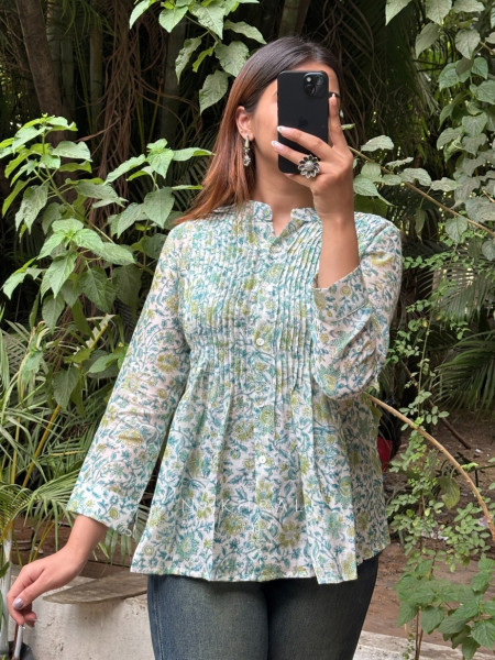 Petal Muse Turquoise Casual Cotton Top
