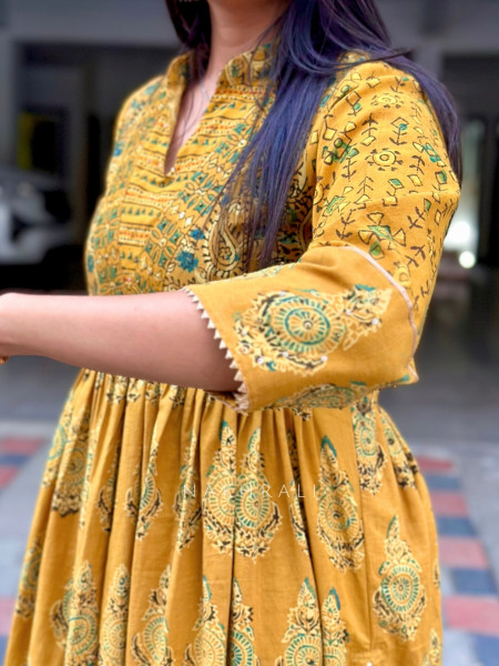 Noorjahan Mustard Yellow Cotton Kurta Set –Printed Work