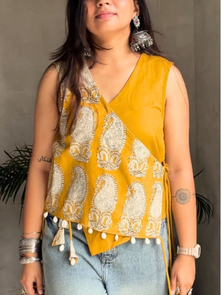 Bijuria Yellow Cotton Koti with Kodi Detailing