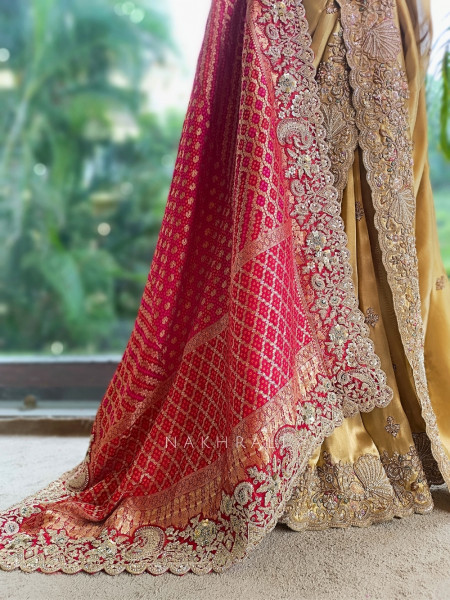 Celestial Golden Satin Silk Saree With Red Embroidered Dupatta