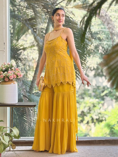 Royal Aura Yellow Gharara Set with Pearl and Cutdana Work