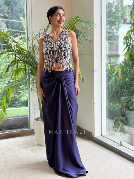 Fringe Fusion Blue Drape Skirt Crop Top Set