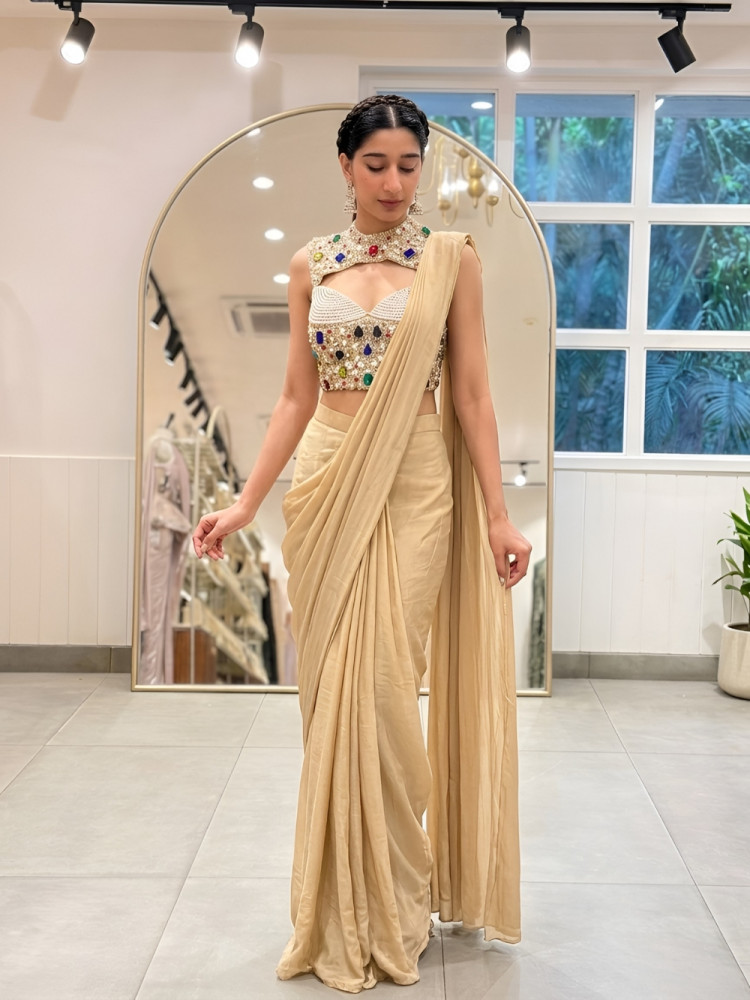 Image of Muted Gold Fluid Draped Saree Set with Mosaic Gemstone Collar Top