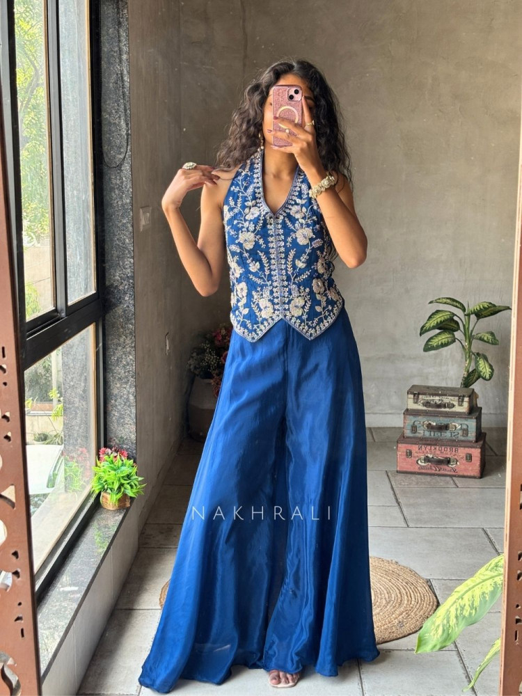 Image of Kriyara Blue Indo-Western Palazzo Set with Embroidered Jacket