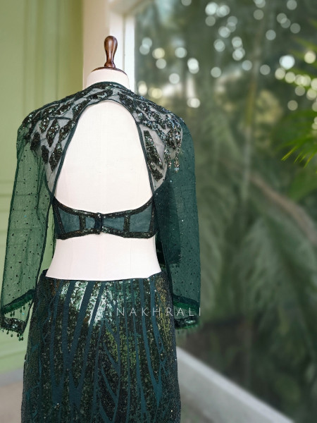 Emerald Gleam Green Sequin Indo Western Lehenga with Cape Blouse