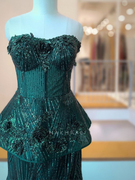 Mrinalini Green Net Indo Western Mermaid Lehenga Set with Geometric Sequin Work
