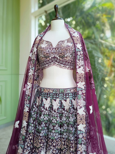 Aurelyn Taabeer Wine Lehenga with Thread and Beads Work