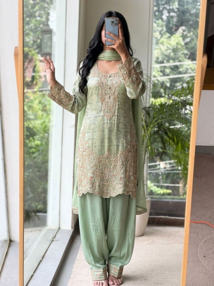 Image of Sabz-e-Zari Pista Green Banarasi Silk Brocade Suit Set With Nakshi, Cutdana &amp; Zari Work