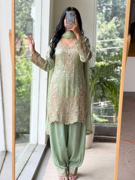 Sabz-e-Zari Pista Green Banarasi Silk Brocade Suit Set With Nakshi, Cutdana & Zari Work