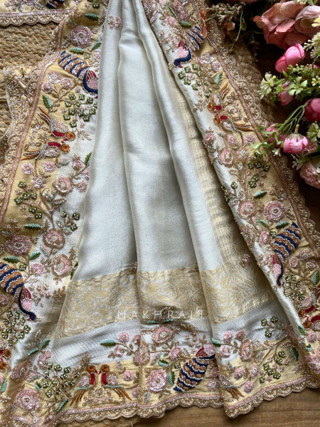 Meadowlark Cream Saree with Readymade Blouse and Beads Thread Embroidery