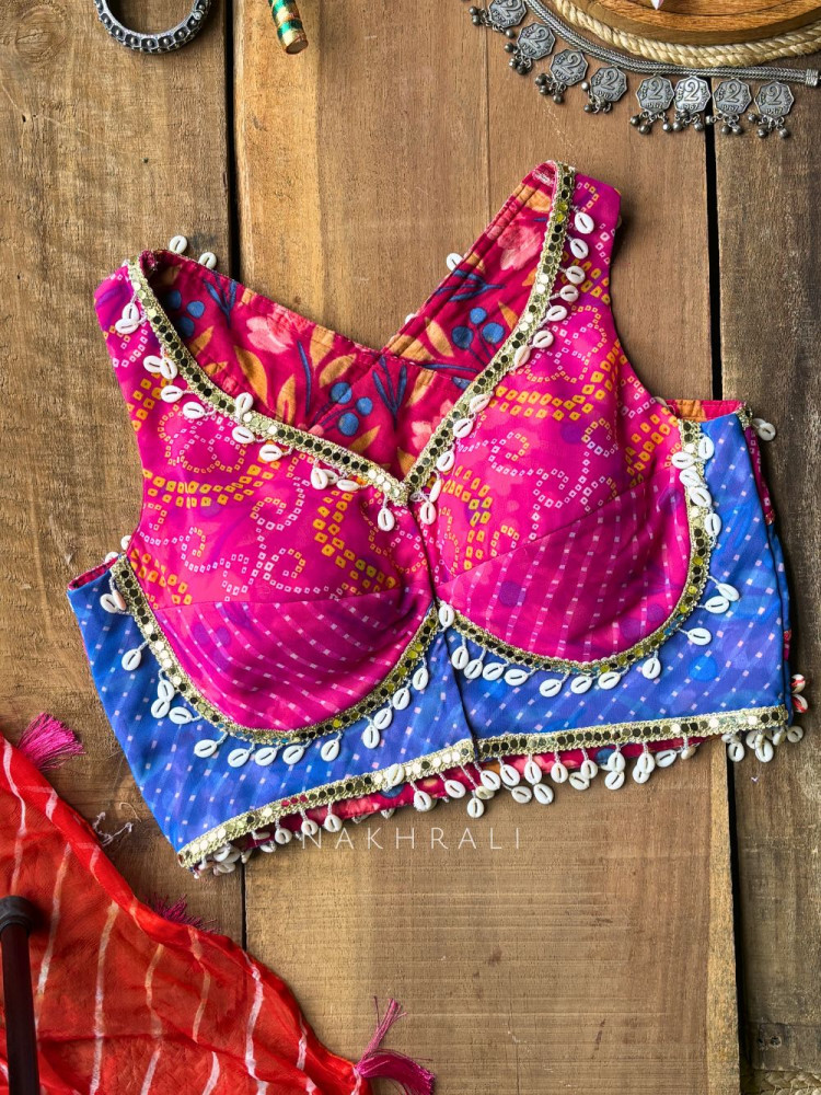 Image of Morni Multicolor Bandhani Blouse with Cowrie Shell Embellishments