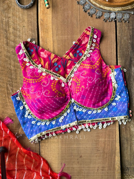 Morni Multicolor Bandhani Blouse with Cowrie Shell Embellishments