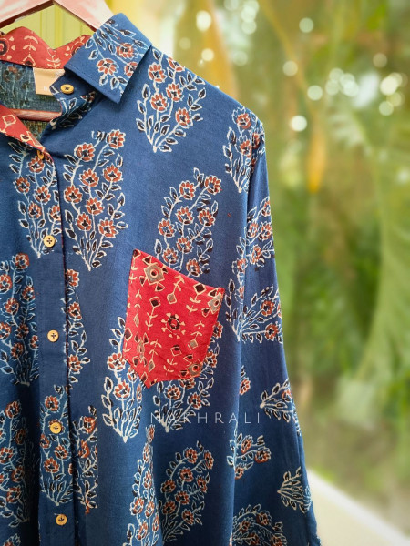 Banjara Navy Cotton Oversized Shirt with Delicate Leaf & Floral Block Print