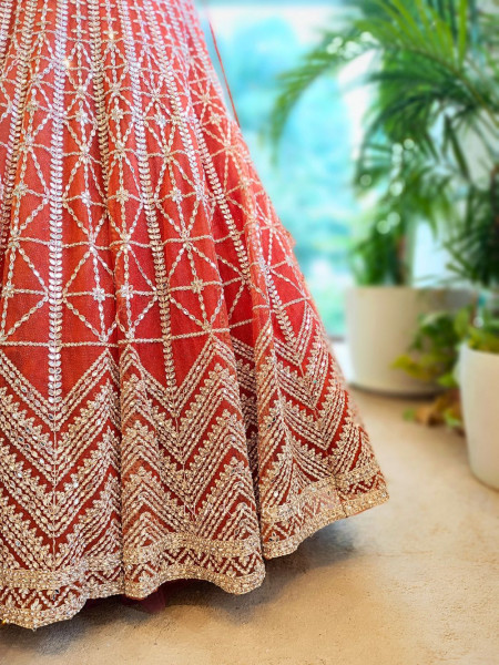 Kaira Orange Mirror Work Silk Lehenga