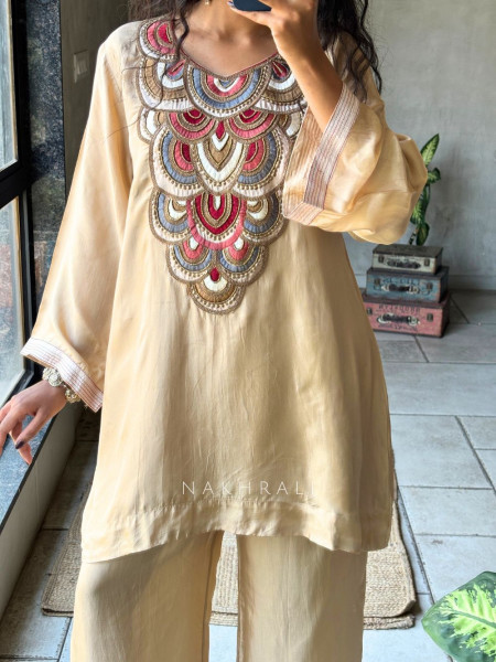 Zuri Beige Chanderi Silk Kurta Palazzo Set