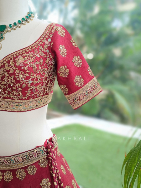 Gulaal Durbar Maroon Raw Silk Lehenga Set  With Zardozi Floral & Meenakari Border Work