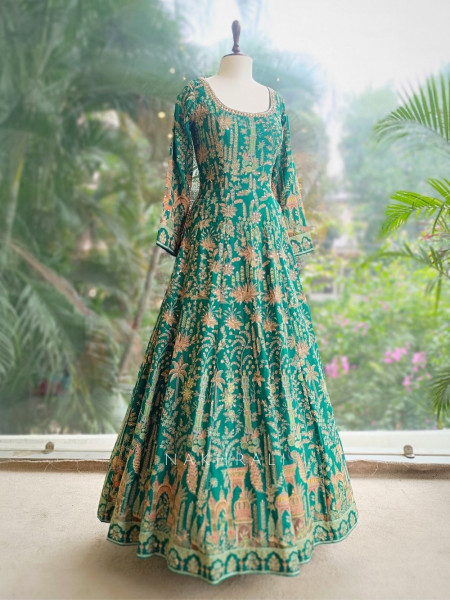 Aadhira Emerald Green Anarkali with Cut Dana and Sequin Zari Work