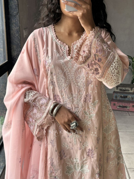 Lavanya Pink Suit Set with Floral Embroidery and Lace Detail