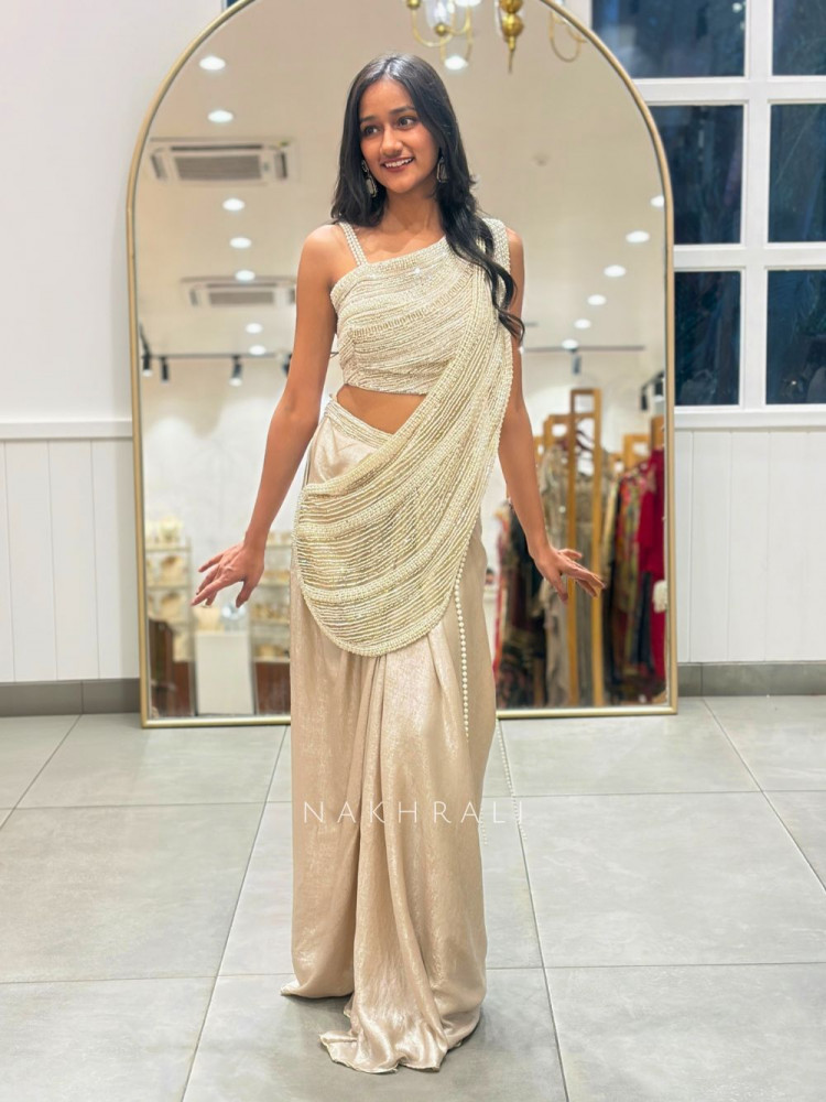 Image of Pearl Cascade Beige Drape Saree with Detailed Pearl Work