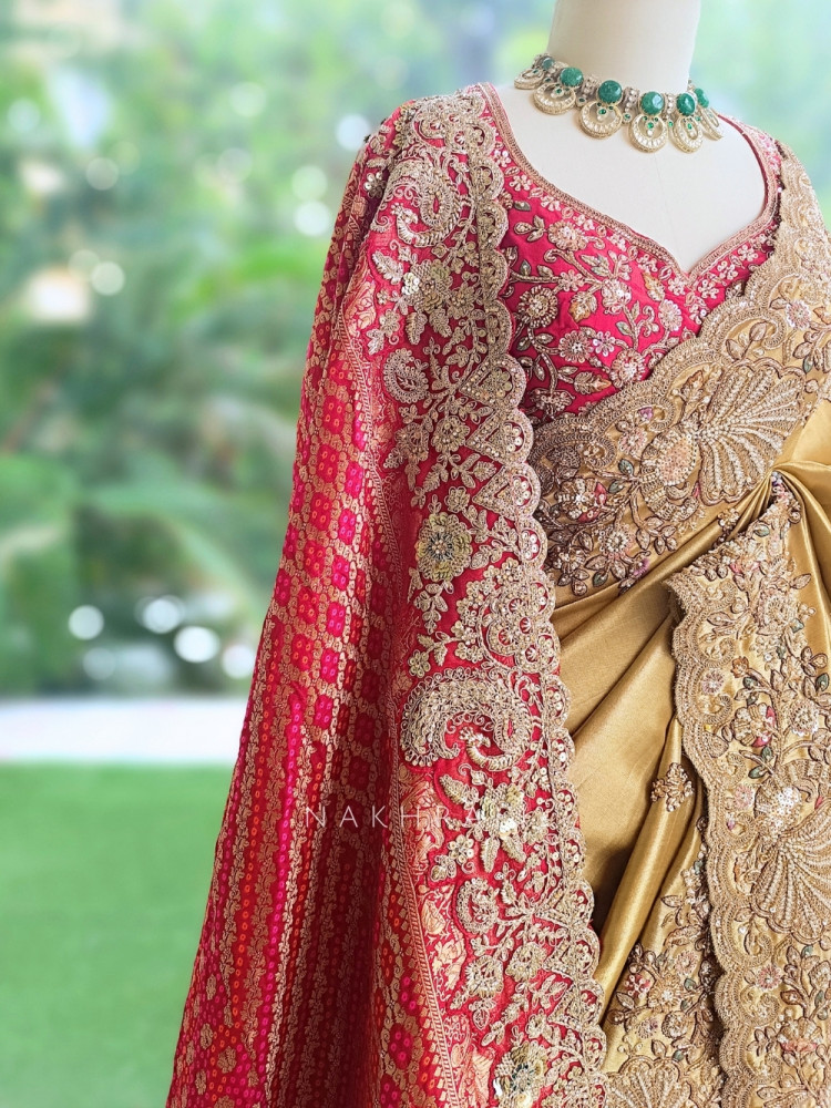Image of Celestial Golden Satin Silk Saree With Red Embroidered Dupatta
