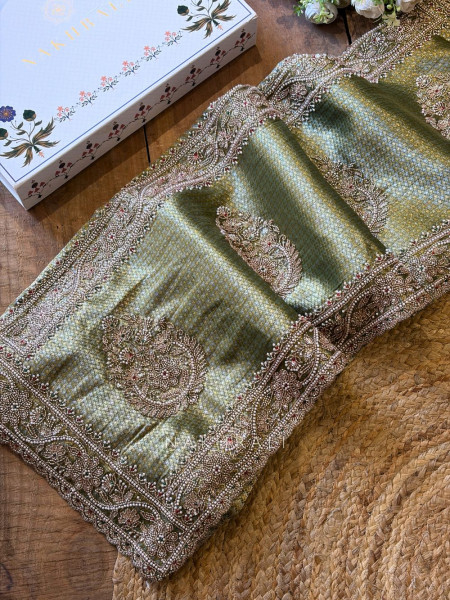 Trishva Green Brocade Saree with Cut Dana and Bead Work