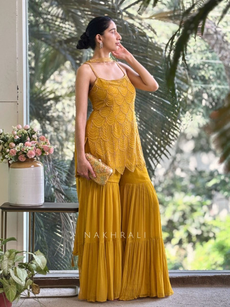 Royal Aura Yellow Gharara Set with Pearl and Cutdana Work