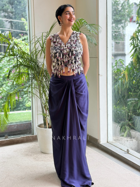 Fringe Fusion Blue Drape Skirt Crop Top Set