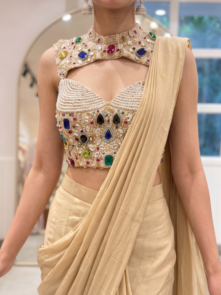 Muted Gold Fluid Draped Saree Set with Mosaic Gemstone Collar Top