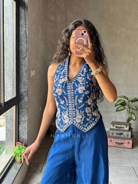 Kriyara Blue Indo-Western Palazzo Set with Embroidered Jacket