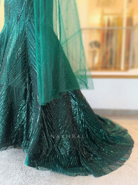 Mrinalini Green Net Indo Western Mermaid Lehenga Set with Geometric Sequin Work