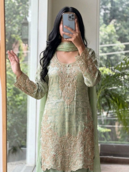Sabz-e-Zari Pista Green Banarasi Silk Brocade Suit Set With Nakshi, Cutdana & Zari Work