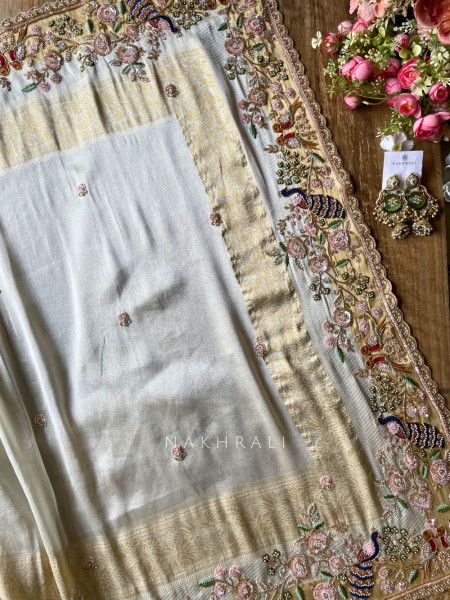 Meadowlark Cream Saree with Readymade Blouse and Beads Thread Embroidery