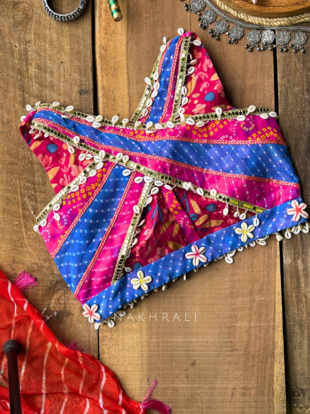 Morni Multicolor Bandhani Blouse with Cowrie Shell Embellishments